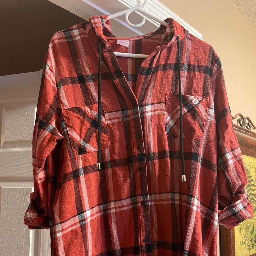 Cute Plaid Shacket or shirt with Hoodie! Gently warn ;-)